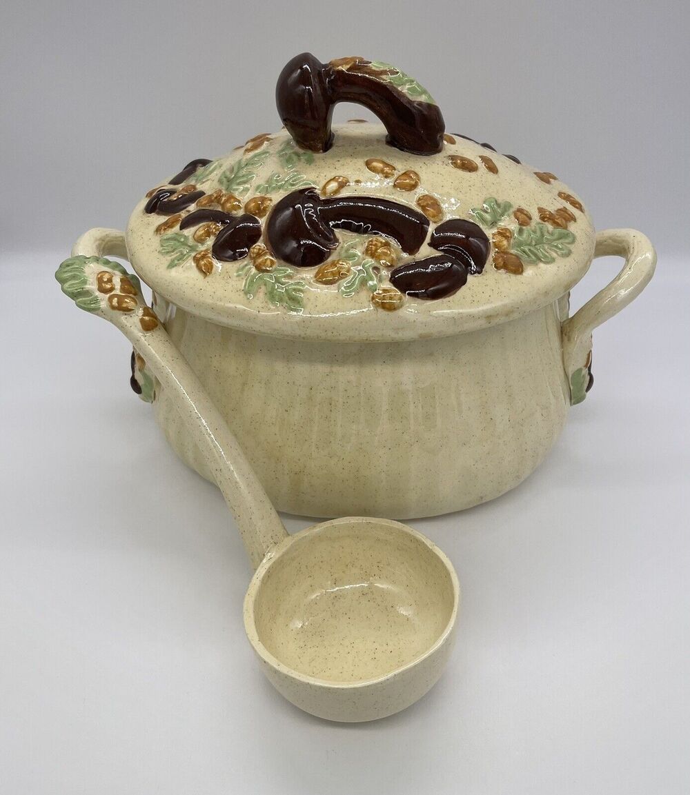Vintage Mushroom Soup Tureen with Lid and Ladle